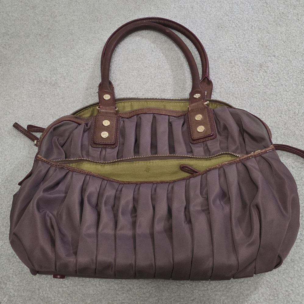 MZ Wallace Plum Purple Pleated Tote with Brown Leather Trim
